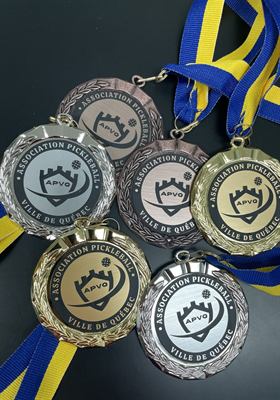 Lot de médailles or, argent et bronze à insert imprimé du logo d’une école, sur rubans rouges
