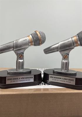 Deux trophées en forme de microphone de résine argentée sur socles de bois foncé à plaquette gravée
