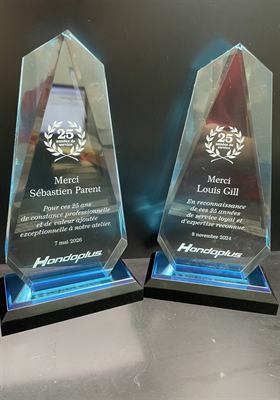 Deux trophées de cristal à base bleue lumineuse, gravés d’une couronne de laurier et d’un texte de reconnaissance pour vingt-cinq ans de service